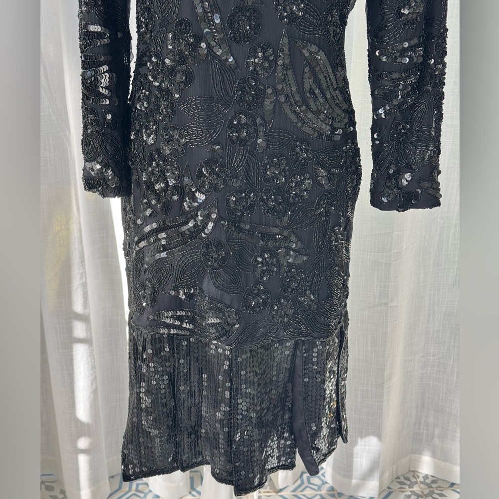 SWEEL O Vintage Black Beaded Sequin Cocktail Dress Long Sleeve Art Deco Midi - Picture 4 of 12